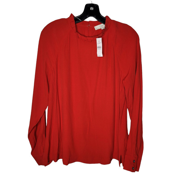 LOFT Tops - NWT Loft Womens Size Small Top Long Sleeve Ruffled Neck Button Loop Blouse Red